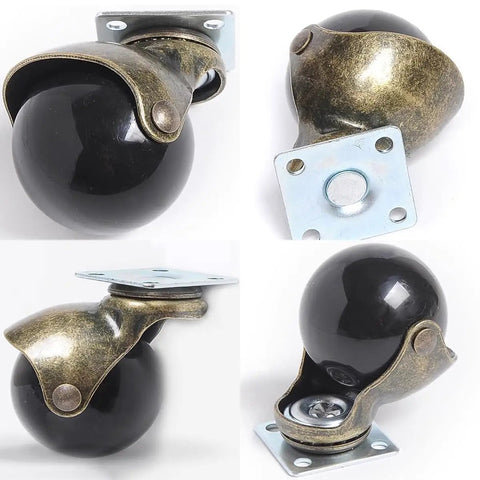 Vintage Antiqued Brass Ball Casters Super Smooth Roll Swivel Wheels With Secure Locking Brakes Perfect Fix For Couches And Desks Elegant Retro Charm Rugged Build Quality Includes 4 Units in black and brass finish.