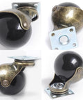 Vintage Antique Brass Ball Casters Furniture Glide Rollers For Dead Smooth Chair Sofa Desk Shelves No Sweat Setup Locking Swivel Wheels Four Pack Two Inch Heavy Duty Slick Finish, showcasing the black ball and metal bracket.
