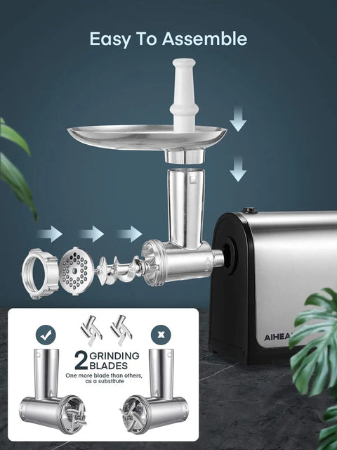 Heavy Duty Electric Meat Grinder With Sausage Stuffer Kit 3200W Peak 300W Rated assembly with stainless steel blades shown