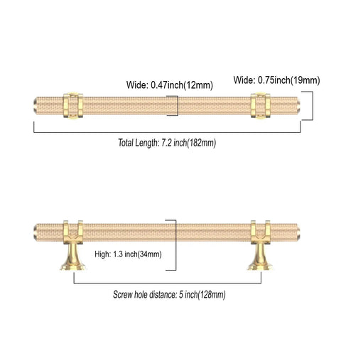 Dimensions of 10 Pack 5 Inch Knurled Brushed Brass Cabinet Handles For Kitchen Cabinets And Drawers Gold Tone Hardware