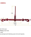 Red ratchet chain binder with measurements, fits 1/4" G70 chains, Four Pack Ratchet Chain Binders For 1/4 To 5/16 Inch G70 Chains