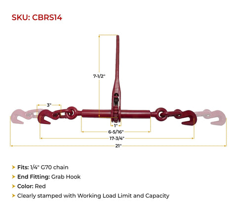 Red ratchet chain binder with measurements, fits 1/4" G70 chains, Four Pack Ratchet Chain Binders For 1/4 To 5/16 Inch G70 Chains