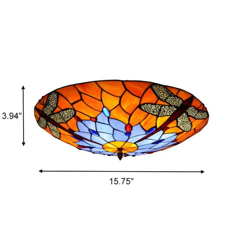 Dragonfly 3 Light Flush Mount Ceiling Light With Orange Stained Glass Shade 16 Inch Diameter Glass Fixture side view.