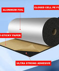 Badass Heavy Duty Heat Shield And Sound Deadening Insulation Mat For Street Car Hood Engine Roof Door Trunk 40 By 60 Inch showing aluminum foil, PE foam with adhesive.