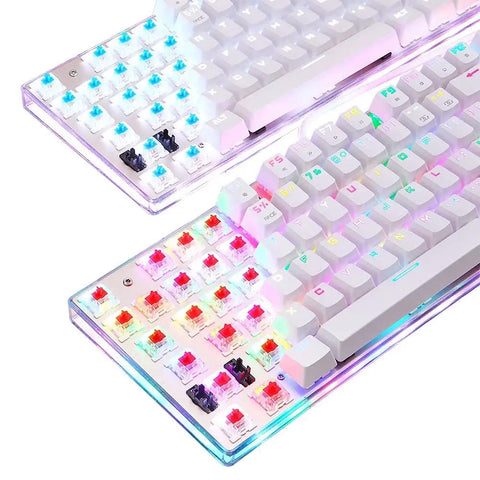 Premium Mechanical Gaming Keyboard With RGB Rainbow Backlighting And Super Snappy Red Switches Built Into A Sleek White Tenkeyless Layout.