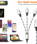 3 in 1 USB Charging Cable Set, 5 ft Nylon Braided Multi Charger Cable, 3 Pack Universal Type C Micro USB USB A Connectors for Phones, Tablets, and More, Fast Charge, Travel Ready, Shareable Cord, shown with phones and tablets