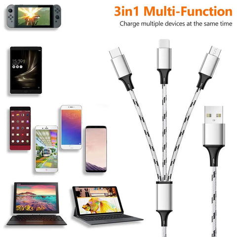3 in 1 USB Charging Cable Set, 5 ft Nylon Braided Multi Charger Cable, 3 Pack Universal Type C Micro USB USB A Connectors for Phones, Tablets, and More, Fast Charge, Travel Ready, Shareable Cord, shown with phones and tablets