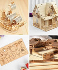 12 Pack basswood sheets for laser cutting; collage shows boat model, wooden house, mushroom designs, and village scene.