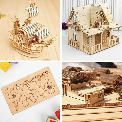 12 Pack basswood sheets for laser cutting; collage shows boat model, wooden house, mushroom designs, and village scene.