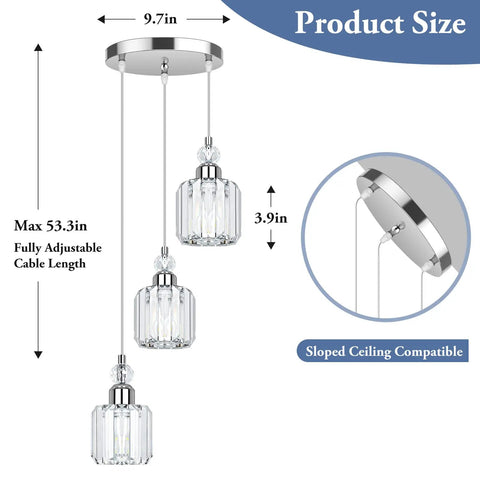 Modern Three Light Crystal Cluster Pendant Chandelier For Kitchen Island Dining Room Table Adjustable Hanging Lights In Chrome With Cords You Can Tweak Up To Fifty Three Inches For Perfect Height shown with size details and sloped ceiling compatibility.