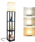 Floor Lamp With Shelves Modern Standing Shelf Light With 3 CCT LED Bulbs Built In Storage Shelves For Living Room Bedroom And Office Black Finish Sturdy No Tip Base, showing three-tier shelf and fabric shade
