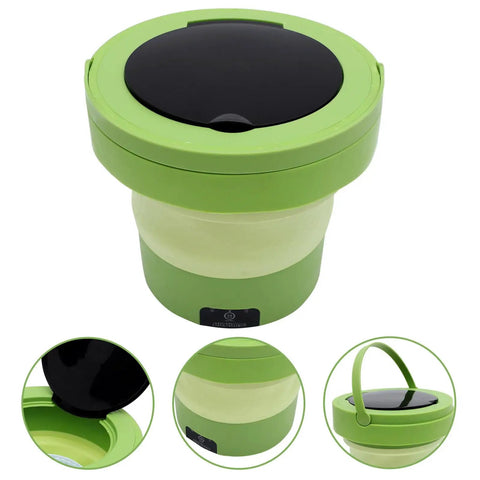 Portable Mini Washing Machine 6 Liter Foldable Compact Cleaner Lightweight design in green with lid for travel use.