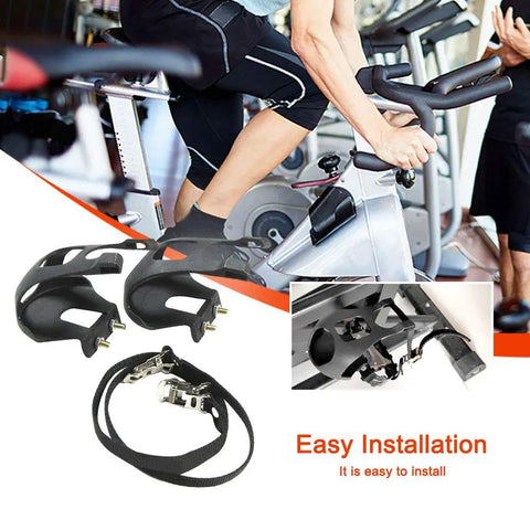 Heavy Duty Bike Pedals With Toe Clip And Strap For Indoor And Outdoor Cycling, showing pedals installation on exercise bike