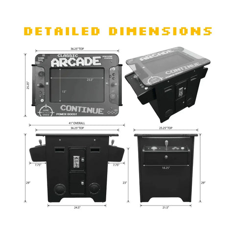 Dimensions and views of Full Size Commercial Grade Cocktail Arcade Machine For Home Or Bar Use, shown from different angles.