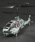 Camouflage RC Helicopter With Military Look, 2.4G 3.5CH, featuring dual rotors and missile launch system, displayed on grey background.