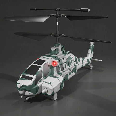 Camouflage RC Helicopter With Military Look, 2.4G 3.5CH, featuring dual rotors and missile launch system, displayed on grey background.