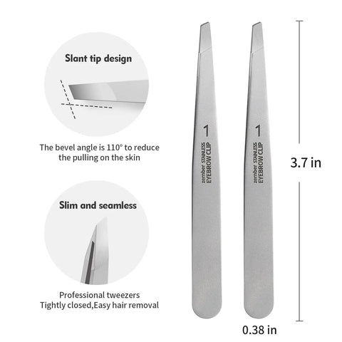 Professional Stainless Steel Slant Tweezers Set 2 Pack Precision Eyebrow Tweezers for Facial Hair Ingrown Hair and Blackhead Removal, 3.7 in