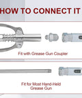 90 Degree Grease Fitting And Slotted Grease Gun Coupler Adapter With One Eighth Inch NPT Threads shown with connection diagram