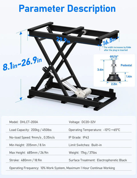 DIHOOL electric scissor lift table, 440 lb capacity, adjustable 8.1–26.9 in, black steel with remote control