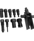 Thinking Process: 20-piece black heat-treated steel motorcycle wheel hub bearing removal tool with 7 collet sizes