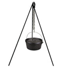 Rugged Heavy Duty Steel Camping Tripod For Open Fire Cooking 43.3 Inch Tall with Dutch oven on chain detail view
