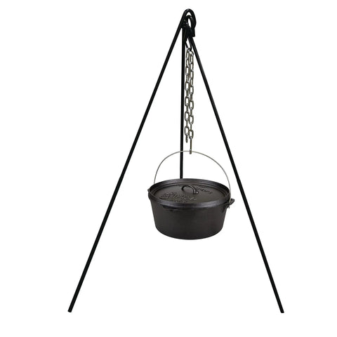 Rugged Heavy Duty Steel Camping Tripod For Open Fire Cooking 43.3 Inch Tall with Dutch oven on chain detail view