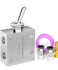 2 Position 3 Way Pneumatic Valve With 1 Eighth Inch NPT Ports, Manual Toggle Actuator HL-2301 Directional Control Valve, fittings shown