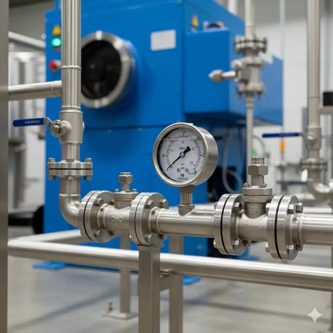 2.5 Inch Glycerin Filled Pressure Gauge 0 To 300 PSI 20 Bar With One Quarter Inch NPT Lower Mount installed in industrial piping
