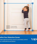 Child standing at door with blue detection zone from 2K Indoor Outdoor Wired Security Camera Kit For Dope Home Surveillance With Baby Monitor And Pet Cam Person And Motion Detection Baby Cry Alerts 2 Way Audio Siren Local SD Storage Or Optional Cloud 2 Pack