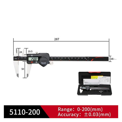 50/200/300mm Digital Electronic Caliper Ruler IP54 Stainless Steel(0-200mm) showing measurement details and case.