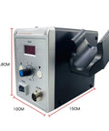 2 In 1 700W Soldering Iron Station With Hot Air Gun showing LED display, control knobs, and stand, dimensions labeled in cm.