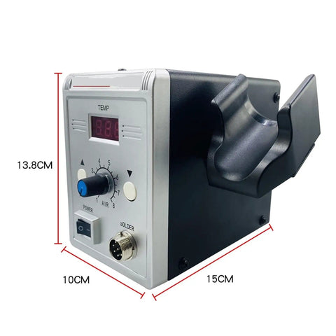 2 In 1 700W Soldering Iron Station With Hot Air Gun showing LED display, control knobs, and stand, dimensions labeled in cm.