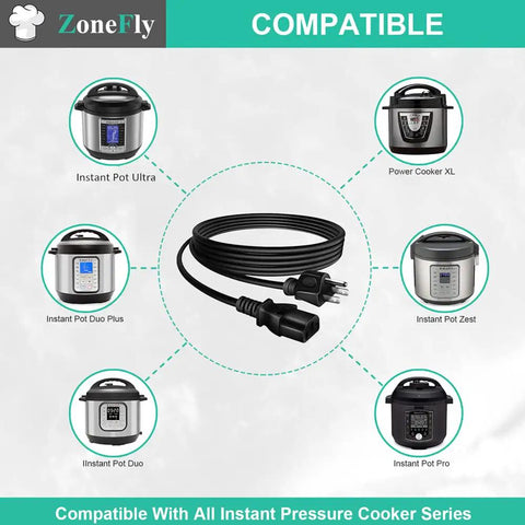 Replacement Power Cord EZ Fit For Instant Pot Ultra with compatibility to various pressure cookers, shown with cord and appliances.