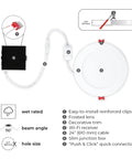 Diagram of Ultra Slim 6 Inch Wi Fi Smart Recessed Lighting Kit 2 Pack No Hub Needed Voice Activated RGB Color Changing And Tunable White 2000K 5000K 800 Lumens Wet Rated, showing components and specifications.