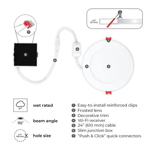 Diagram of Ultra Slim 6 Inch Wi Fi Smart Recessed Lighting Kit 2 Pack No Hub Needed Voice Activated RGB Color Changing And Tunable White 2000K 5000K 800 Lumens Wet Rated, showing components and specifications.