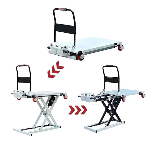Professional Grade Heavy Duty Workhorse Electric Scissor Lift Table 660 Lb Capacity shown in different lift positions.