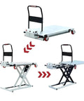 Ready To Roll Heavy Duty Foldable Hydraulic Lift Table, One Touch Electric Scissor Platform, showing folding mechanism and locking casters.