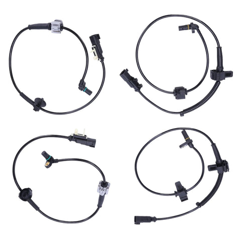 Set of four ABS wheel speed sensors with black cables and connectors for front and rear wheels