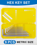 9 Piece Ball End Hex Key Set in Chrome Vanadium Metric 1.5 To 10mm Hex Wrenches With Ergonomic Non Slip Portable Case For Furniture Bikes Electronics And DIY Projects Heavy Duty Pro Grade in yellow case