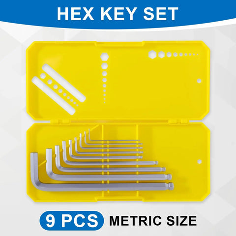 9 Piece Ball End Hex Key Set in Chrome Vanadium Metric 1.5 To 10mm Hex Wrenches With Ergonomic Non Slip Portable Case For Furniture Bikes Electronics And DIY Projects Heavy Duty Pro Grade in yellow case