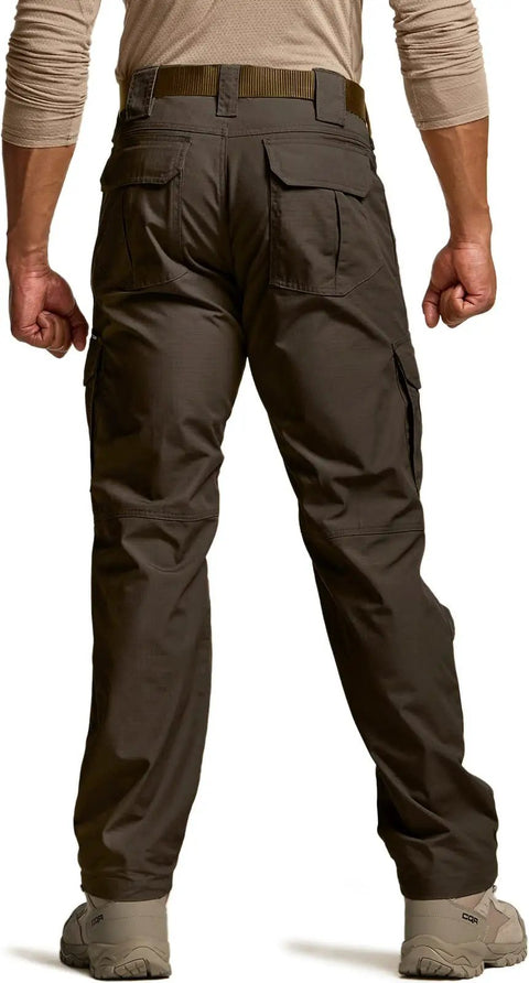 Back view of Men's Tactical Ripstop Cargo Pants With Water Resistant Duratex Fabric, Lightweight EDC And Hiking Pants in dark brown, size 38W x 32L.