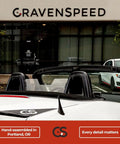 Stubby Antenna For Mazda Miata 2006-2026 installed, showing 3.8-inch short antenna replacement on convertible, Cravenspeed location visible.