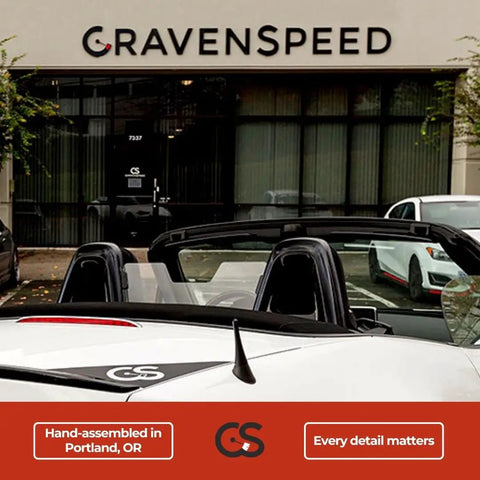 Stubby Antenna For Mazda Miata 2006-2026 installed, showing 3.8-inch short antenna replacement on convertible, Cravenspeed location visible.