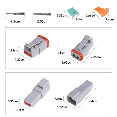 Components and dimensions of 2 Pin Dt Series Waterproof Connector Kit Pack Includes Dt04-2P And Dt06-2S Receptacles 13 Amps Continuous