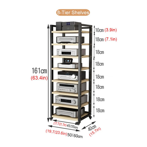 Dope Multi Function Open Storage Rack 8 Tier AV Component Stand With Height Adjustable Wooden Shelves Movable Audio Tower For Home And Office Ideal For CD Players Receivers And Gear Heavy Duty 25mm Thick Boards, 161cm