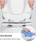 Straight Up Premium Universal White Toilet Seat With Foolproof Soft Close Slow Drop Lid Crafted From Heavy Duty Urea Resin That Blocks Scratches And Never Turns Yellow showing quick-release feature for easy cleaning.