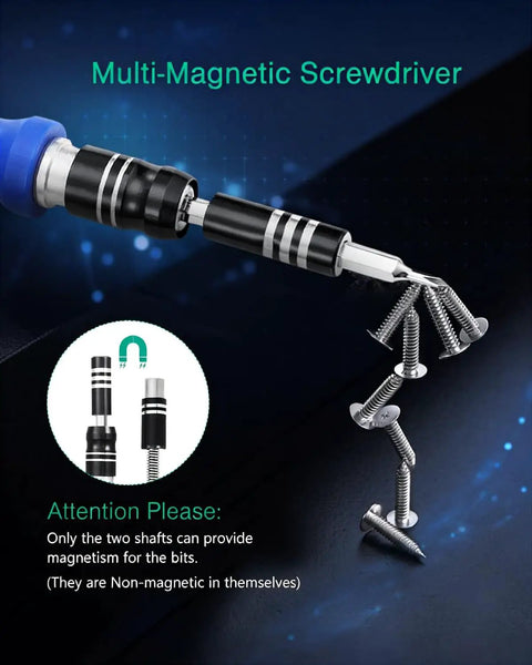 61 In 1 Precision Screwdriver Set With 57 Bits And Magnetic Extension Rod highlighting magnetic feature with screws attached