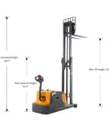 Aequanta Full Electric Walkie Stacker with 3300 lbs load capacity, showing max lift height of 118 inches and lowered height of 81.3 inches.