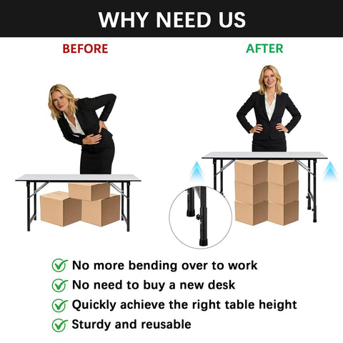Legit Heavy Duty Folding Table Extenders With Solid Steel Riser Blocks For Immediate Adjustable Height Boosts, ergonomic before and after image