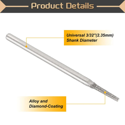 Diamond Hole Saw Drill Bits Set 30 Pieces 80 Grit With Cylindrical Head For Gemstone Glass Jade Emerald Carving Pro Grade Three Thirty Second Inch Shank 2.35mm Jewelry Making Craft - close-up view showing alloy and diamond coating with 3/32 inch shank diameter.